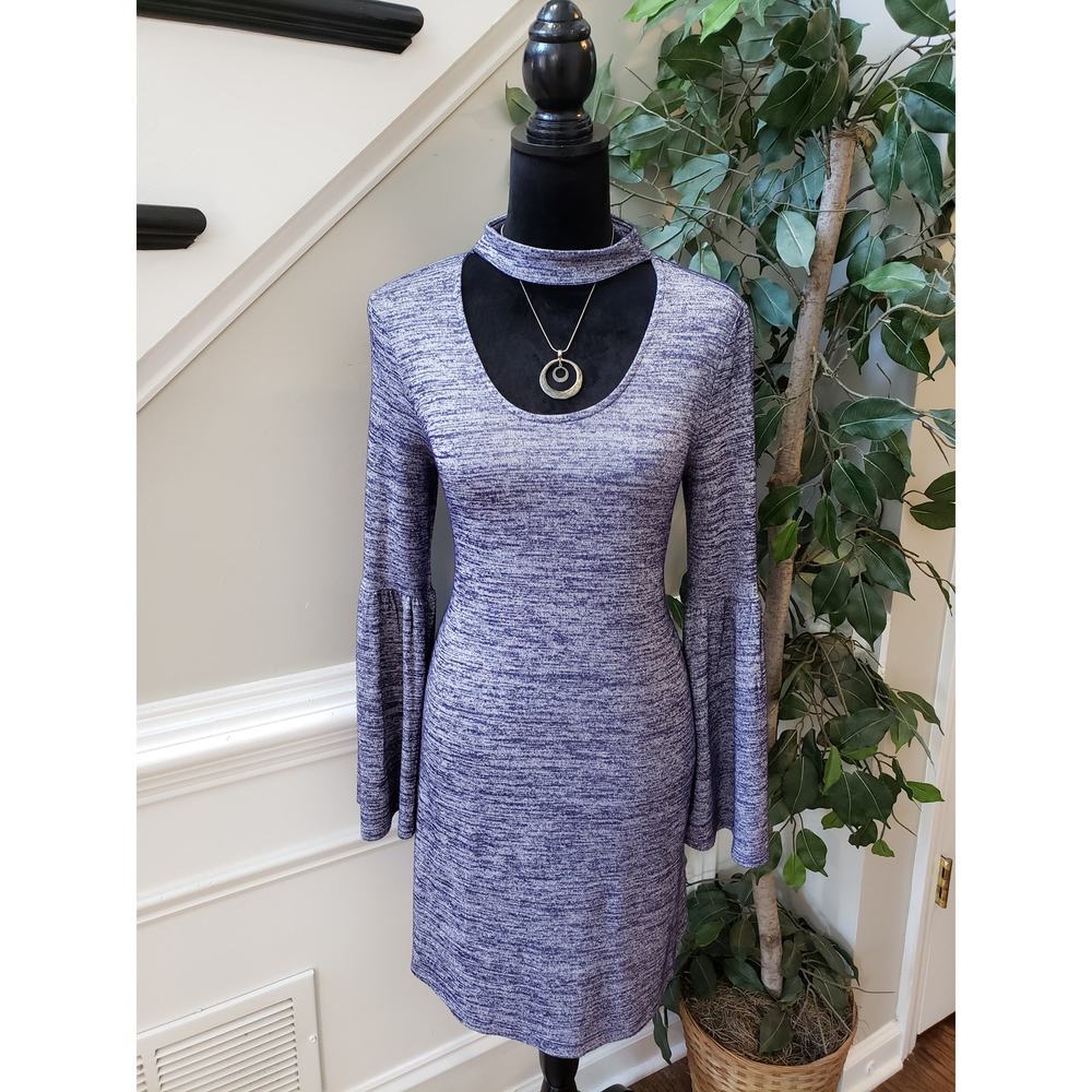 Kensie Mini Dress Women's Small Heather Purple Bell Sleeve Choker Neck Pullover